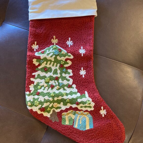 Pottery Barn Red Christmas Tree Crewel Stocking - Picture 1 of 1